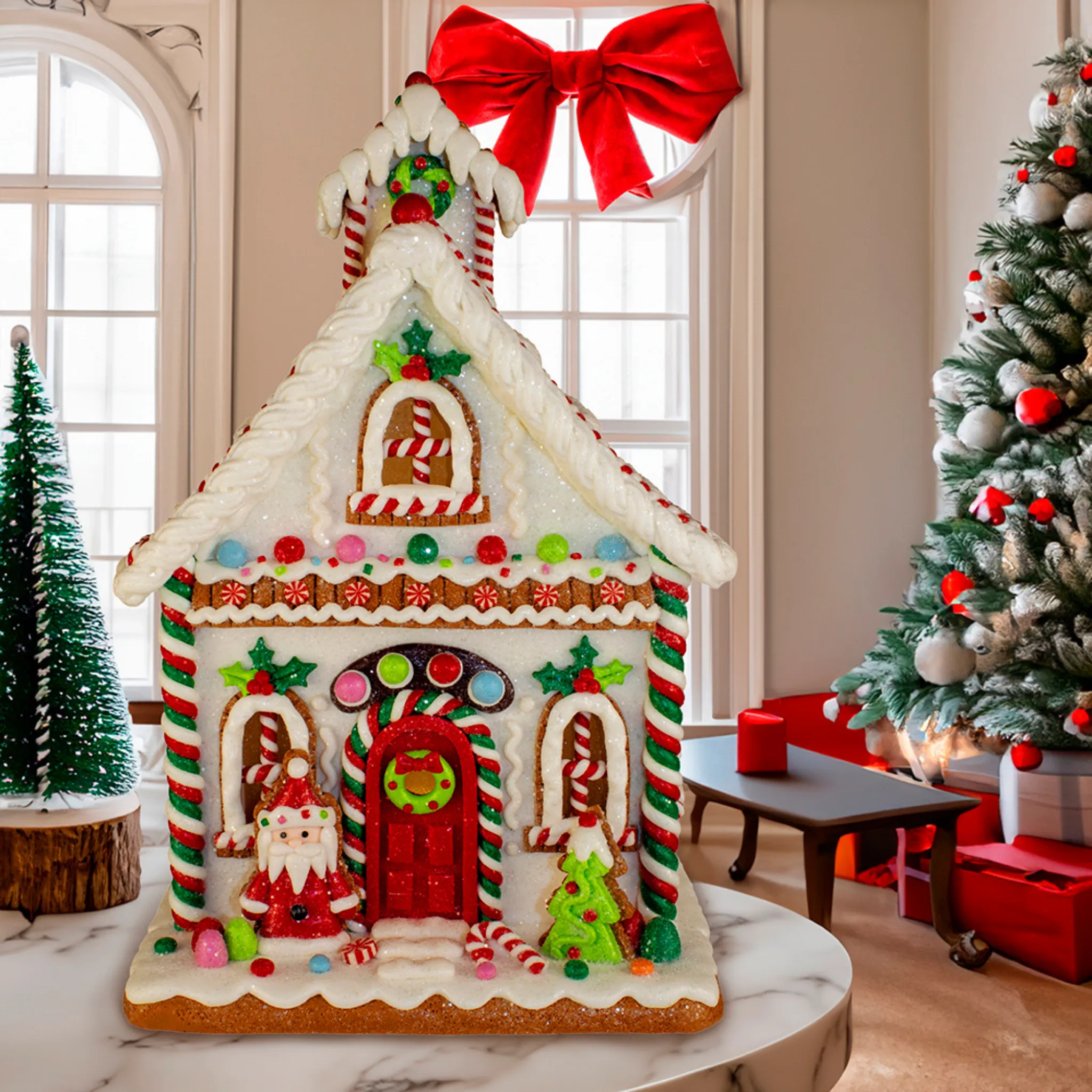 13" Gingerbread House With Santa Table Piece