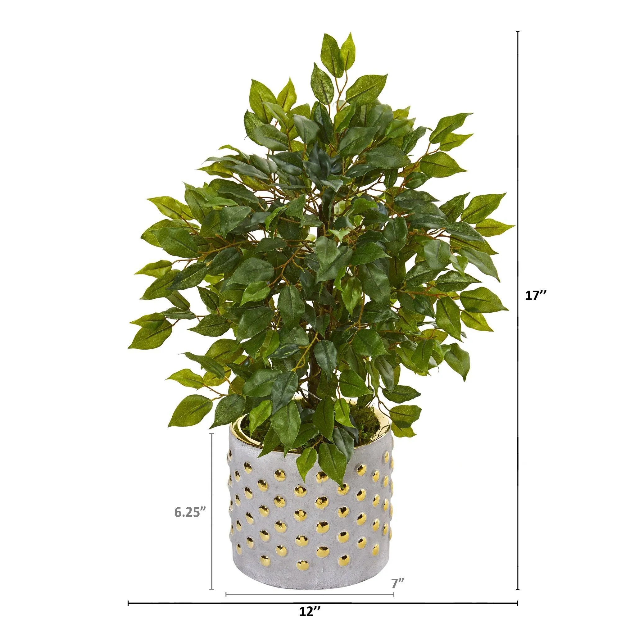 17” Mini Ficus Artificial Tree in Stoneware Vase with Gold Trimming