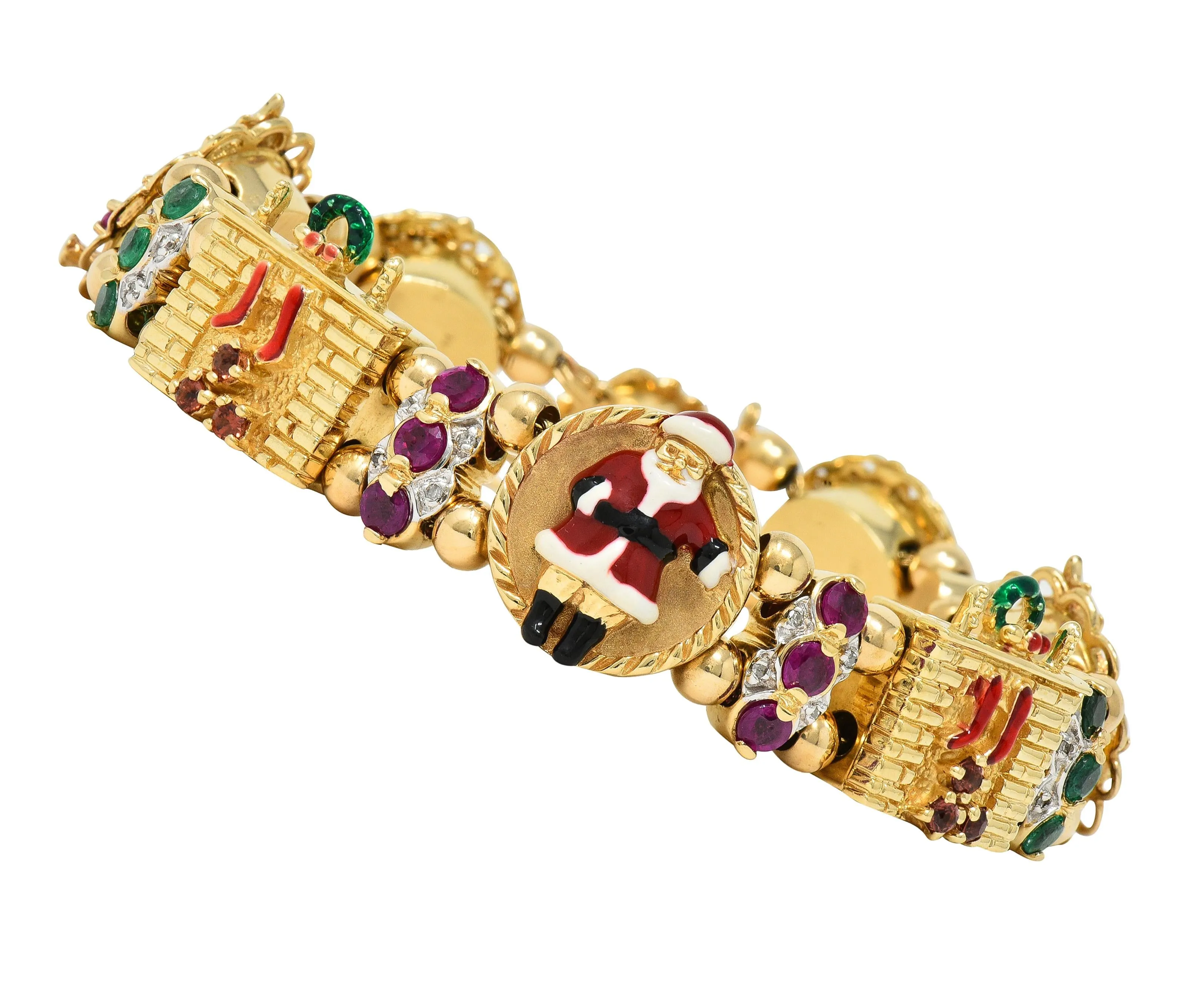 1990s Ruby Emerald Diamond Garnet Enamel 14 Karat Gold Vintage Christmas Slide Bracelet