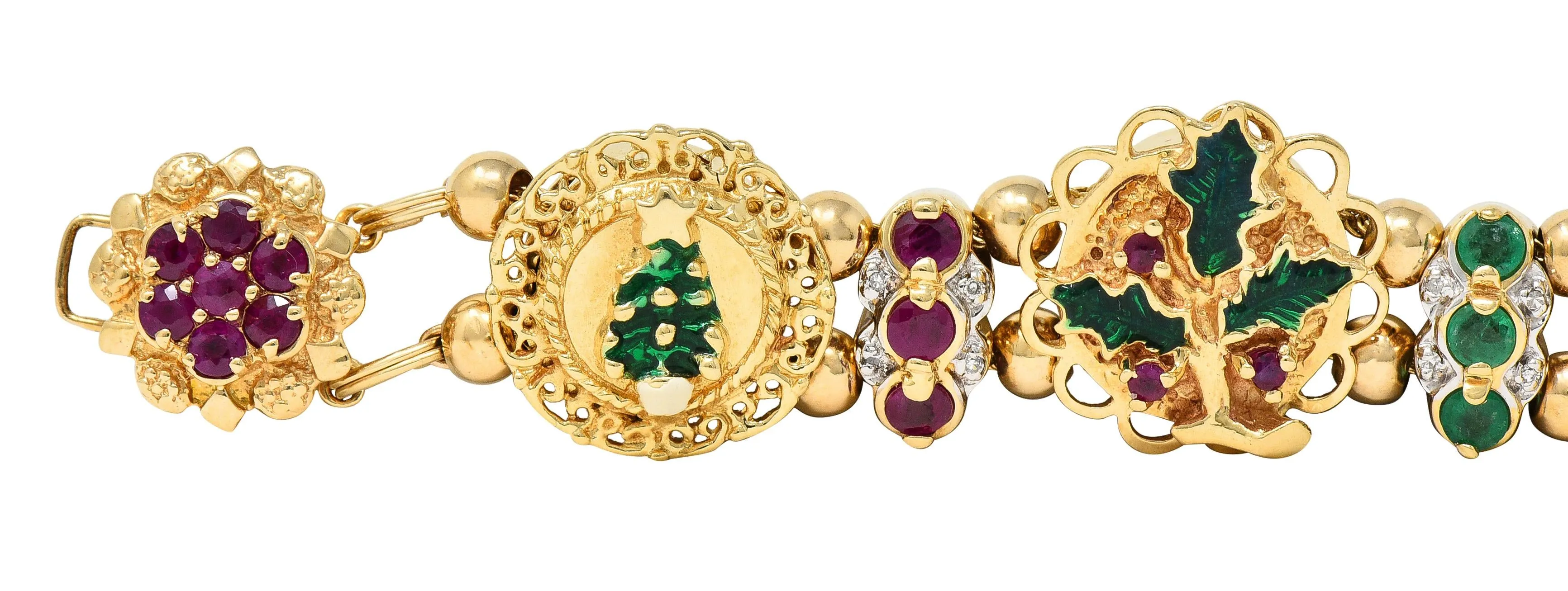 1990s Ruby Emerald Diamond Garnet Enamel 14 Karat Gold Vintage Christmas Slide Bracelet