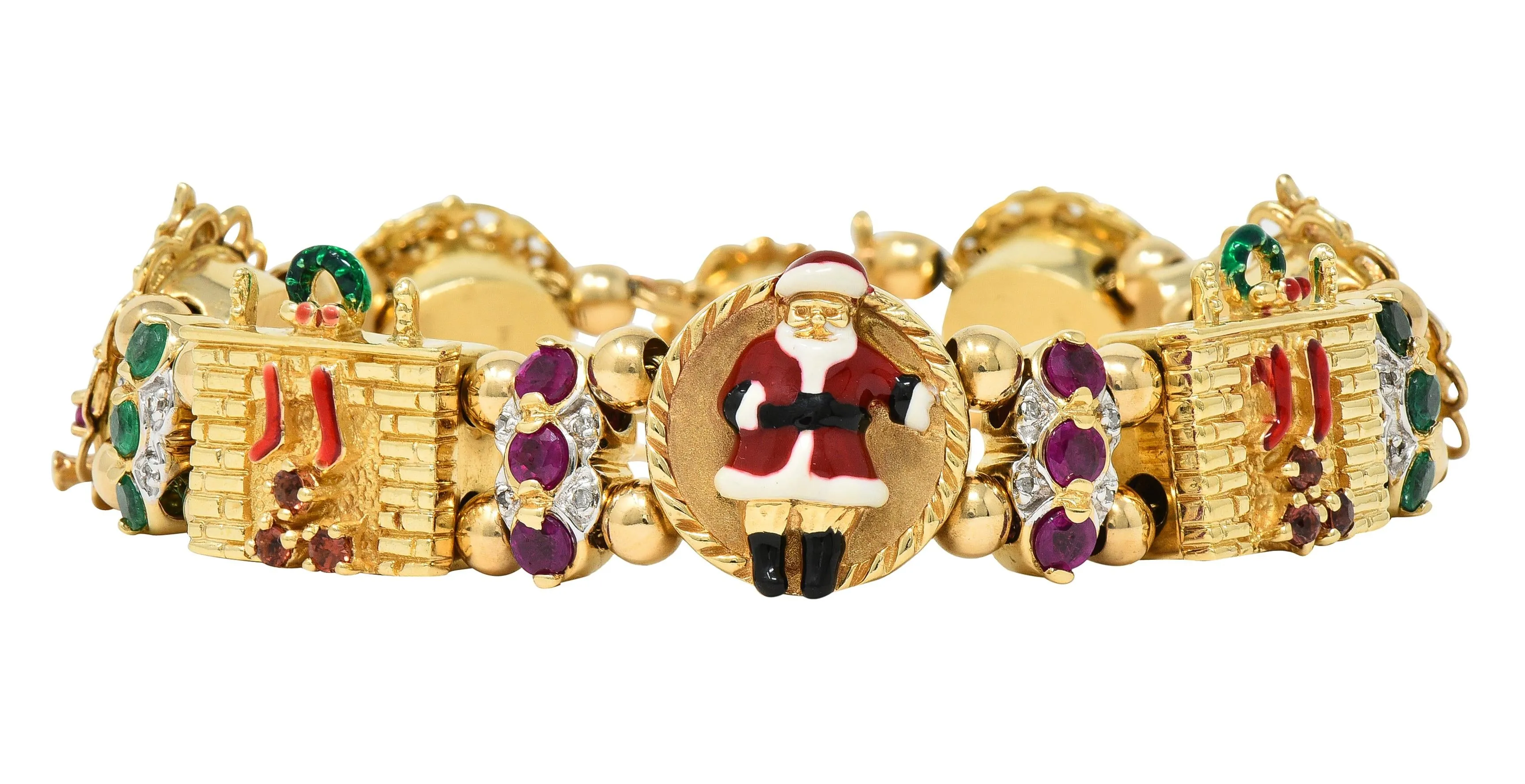 1990s Ruby Emerald Diamond Garnet Enamel 14 Karat Gold Vintage Christmas Slide Bracelet