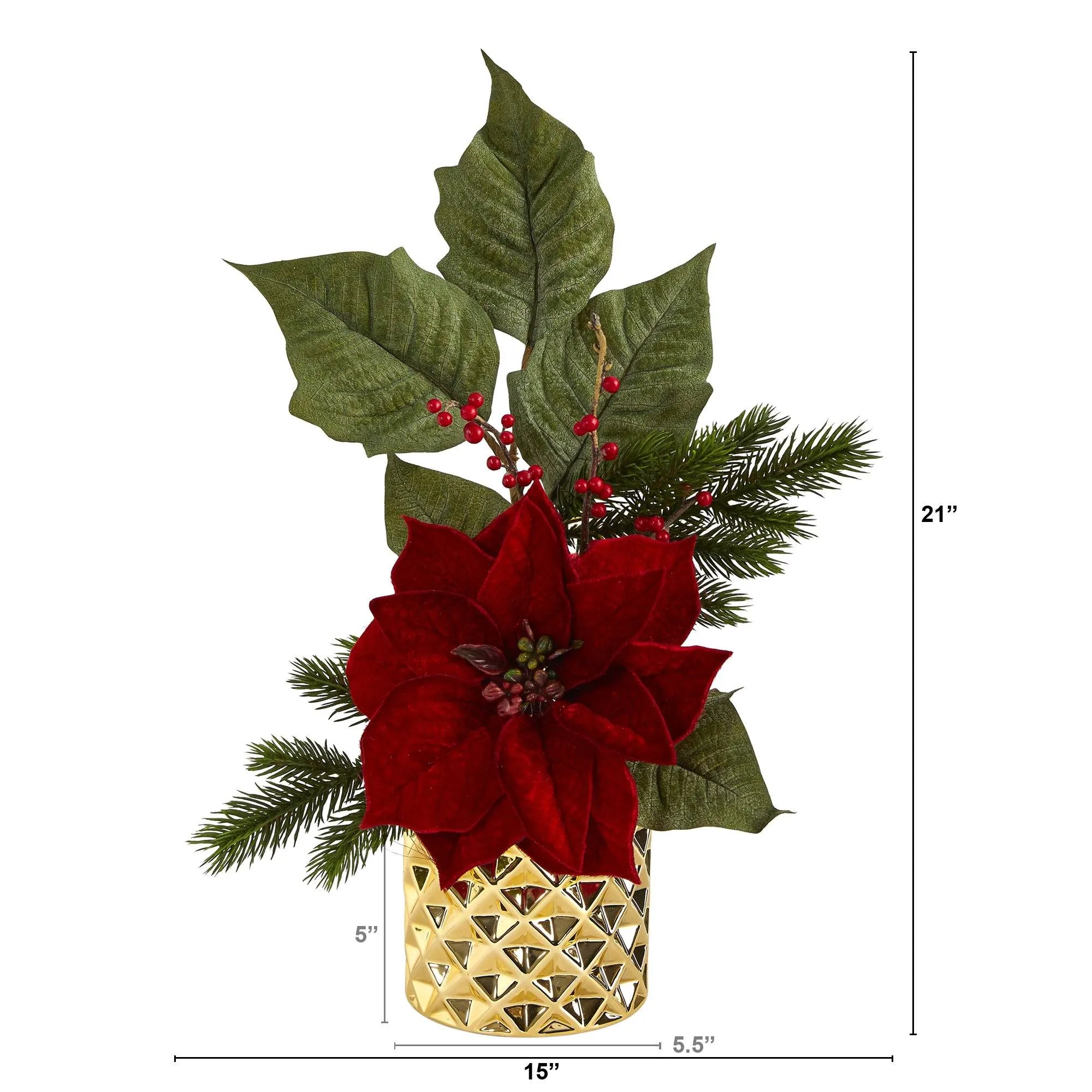 21” Poinsettia, Berries and Pine Artificial Arrangement in Gold Vase