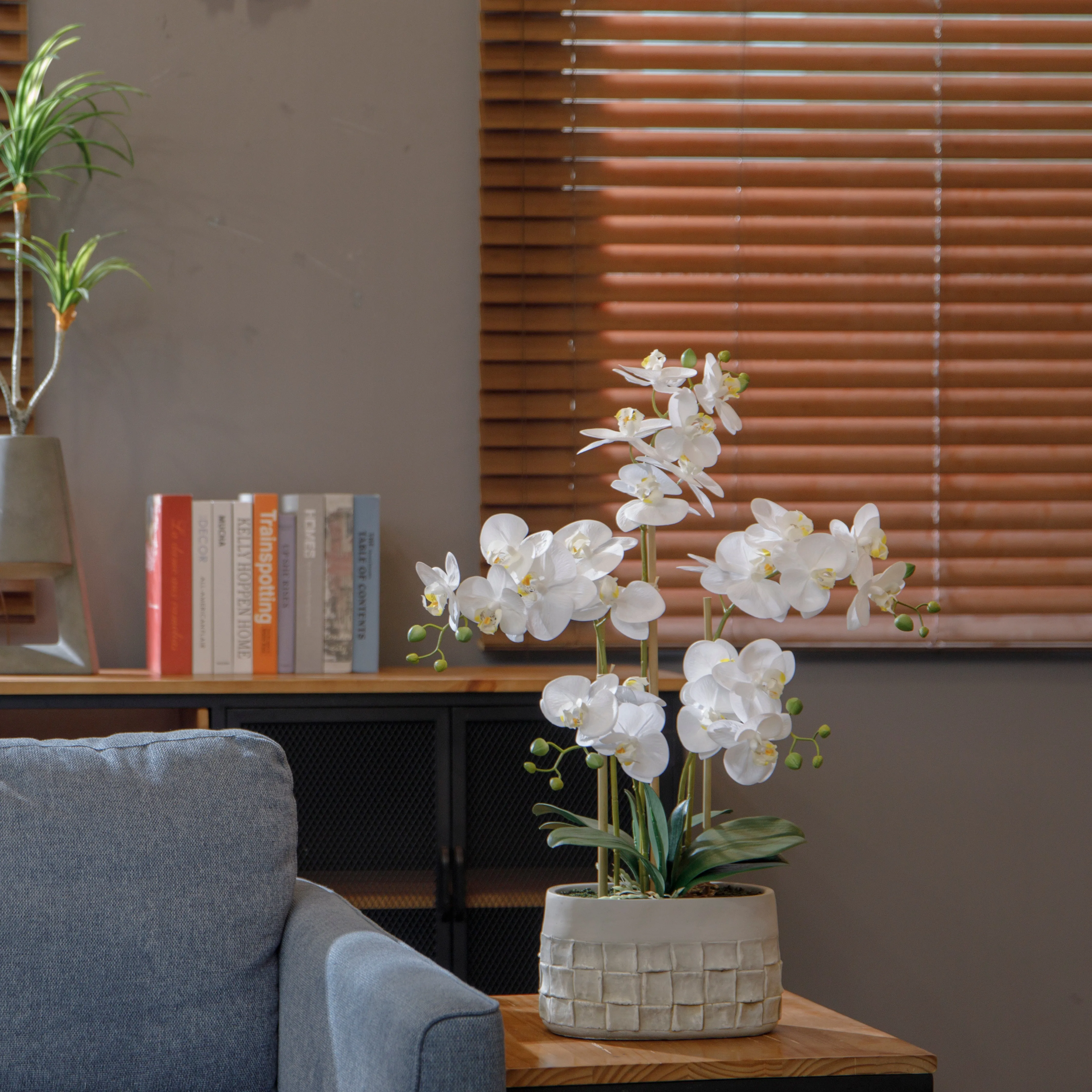 27" White Orchid Arrangement in a Grey Stonelike Planter | Real Touch White Moth Orchids in a Grey Planter