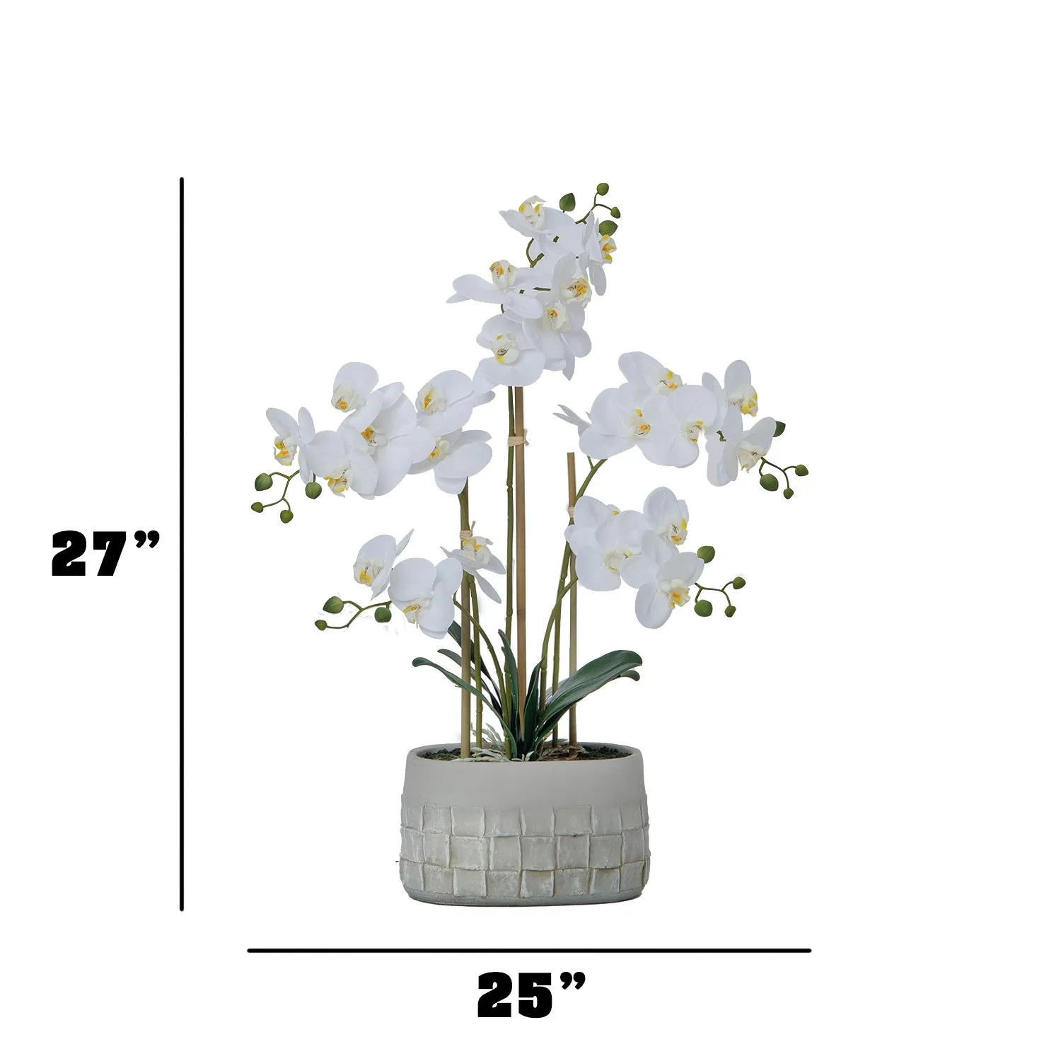 27" White Orchid Arrangement in a Grey Stonelike Planter | Real Touch White Moth Orchids in a Grey Planter