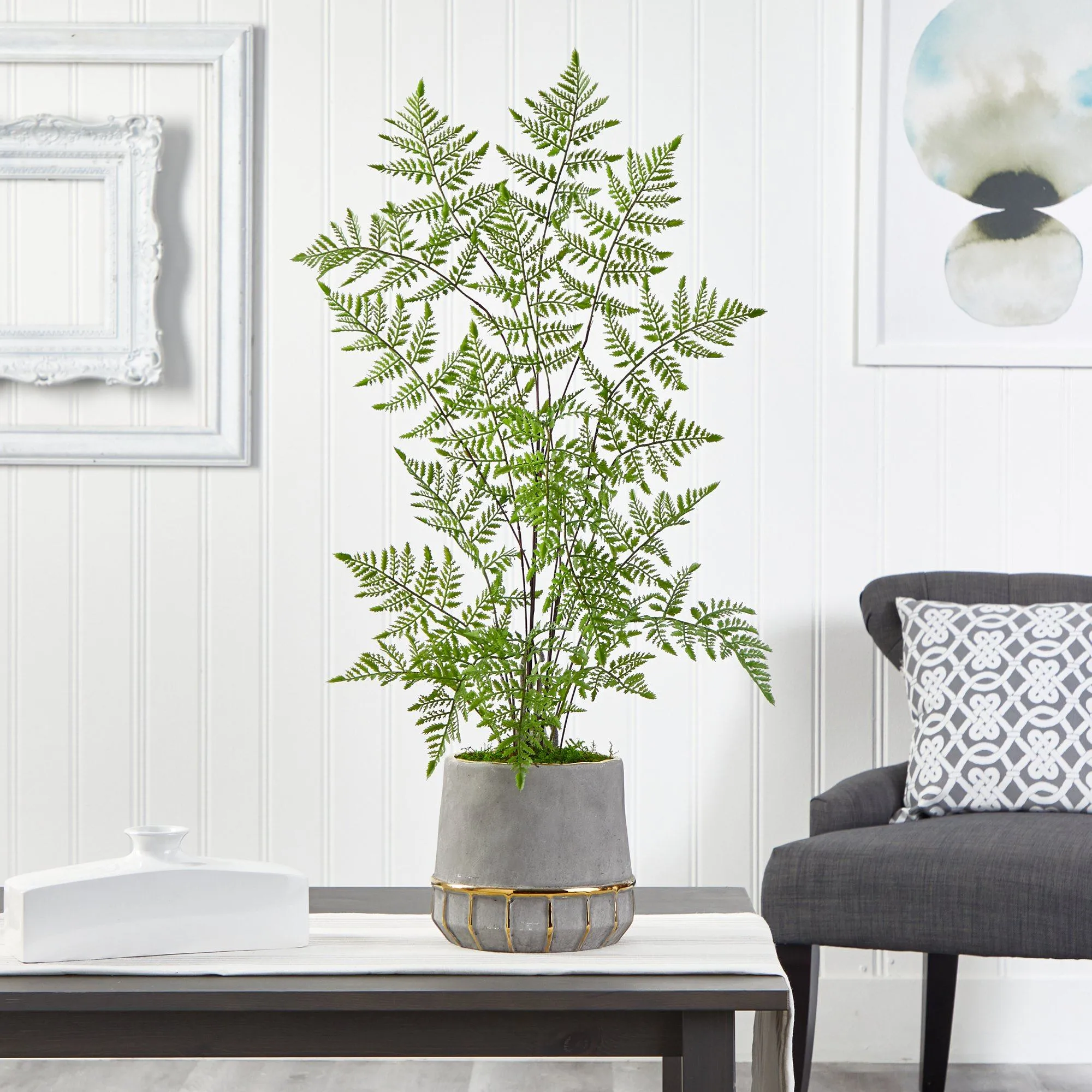 3’ Ruffle Fern Artificial Tree in Stoneware Planter with Gold Trimming