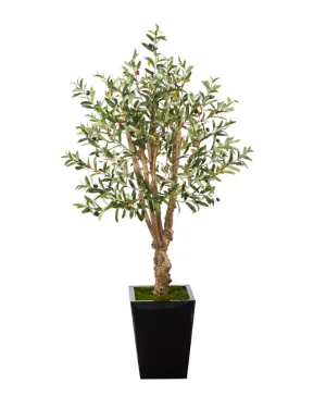 4.5' Artificial Olive Tree in Black Metal Planter - Low Maintenance, Life-Like & Vibrant Silk Trees For Busy People.