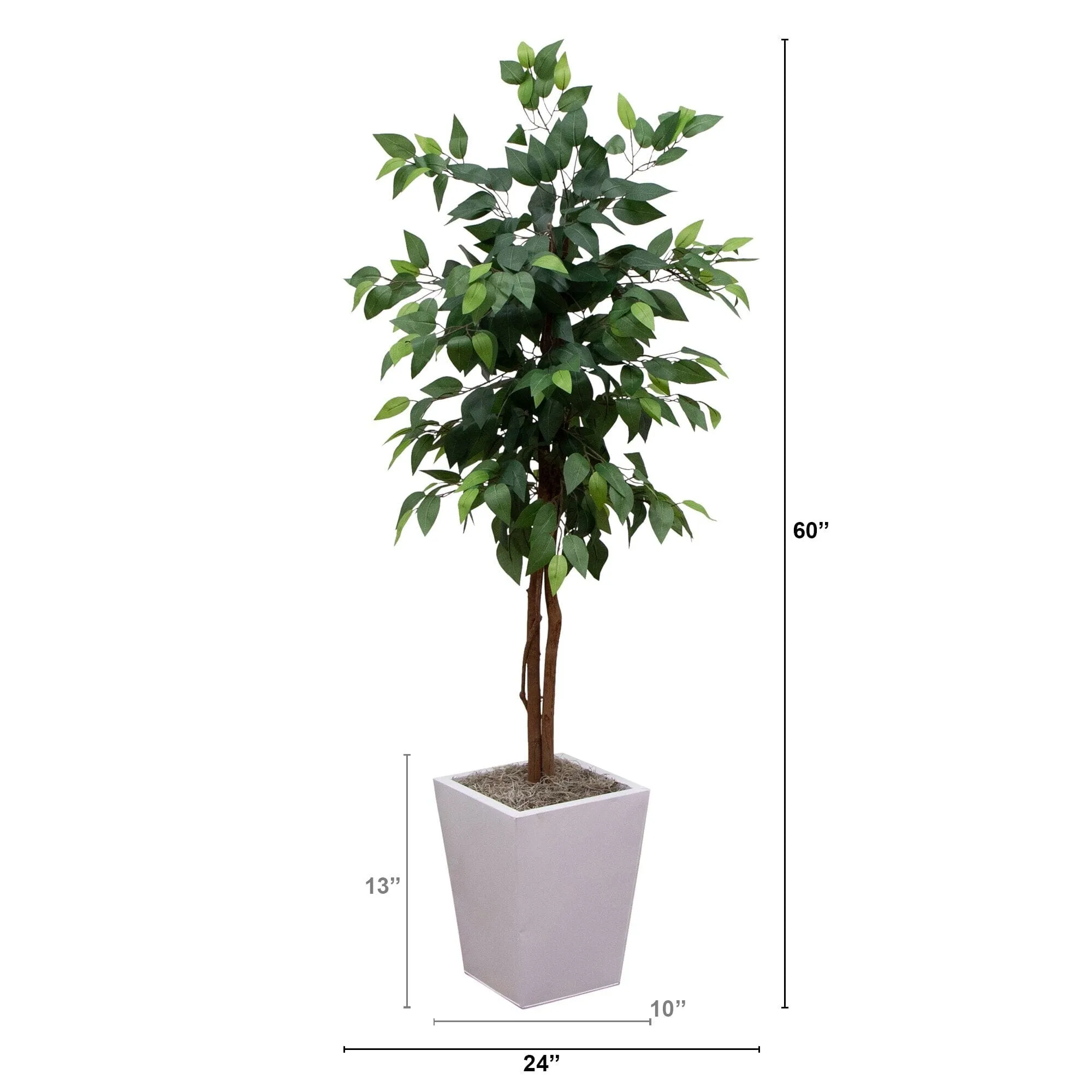 5' Artificial Ficus Tree in White Metal Square Planter