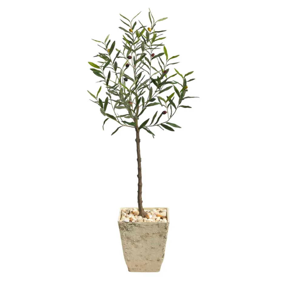 52" Artificial Olive Tree in Country White Planter - Low Maintenance, Life-Like & Vibrant Silk Trees For Busy People.