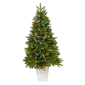 56” Snow Tipped Portland Spruce Artificial Christmas Tree with Frosted Berries and Pinecones with 100 Clear LED Lights in White Metal Planter