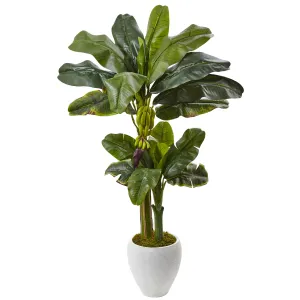 60" Artificial Double Stalk Banana Tree in White Planter - Low Maintenance, Life-Like & Vibrant Silk Plants For Busy People.