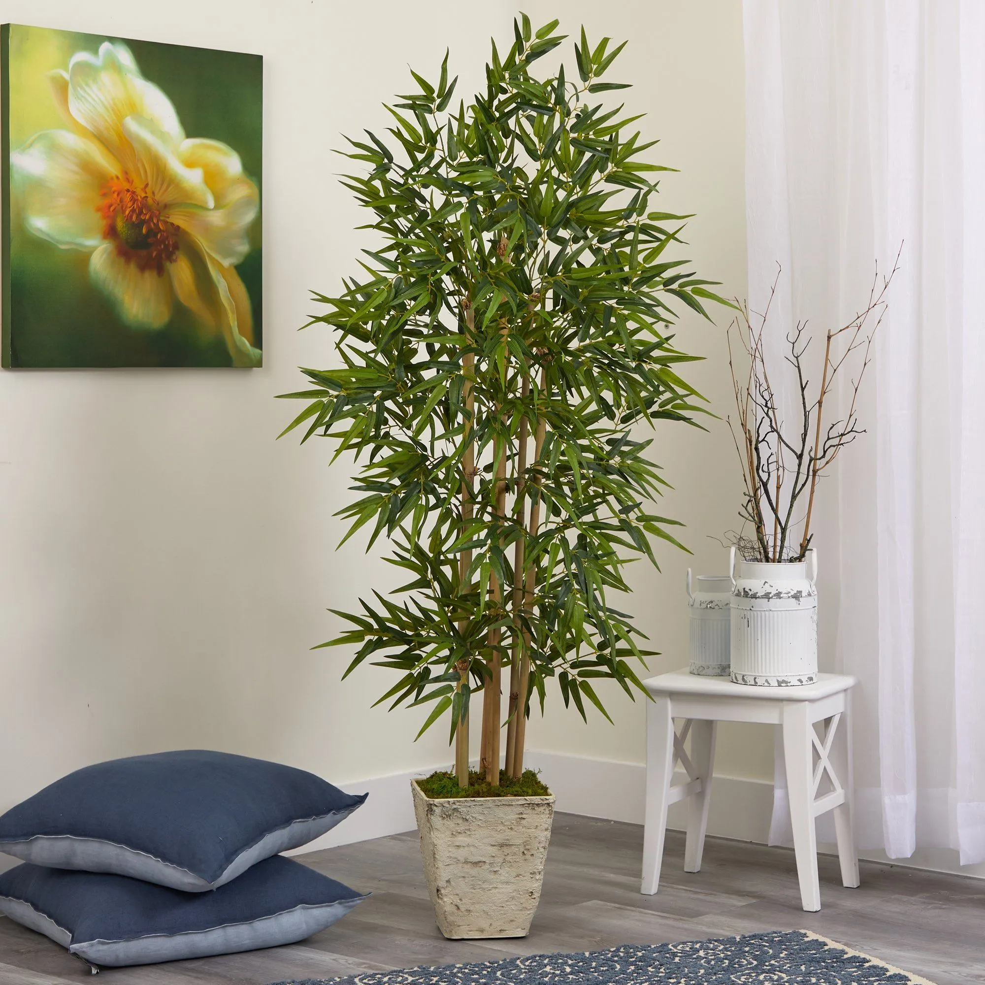 65” Bamboo Artificial Tree in Country White Planter