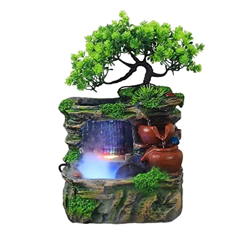 ATORSE® Tabletop Water Fountain with Led Lights Indoor Outdoor Office Resin Statue Wiith Fog