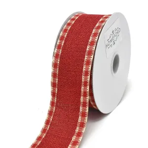 Checkered Edge Linen Wired Edge Christmas Ribbon, 1-1/2-Inch, 10-Yard, Red