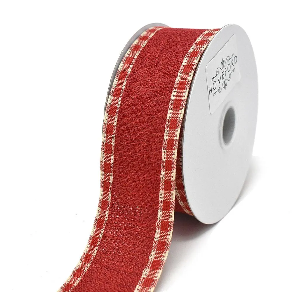 Checkered Edge Linen Wired Edge Christmas Ribbon, 1-1/2-Inch, 10-Yard, Red