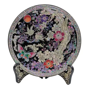 Korean Mother-of-Pearl Inlay Decorative Plate - Floral and Bird Design