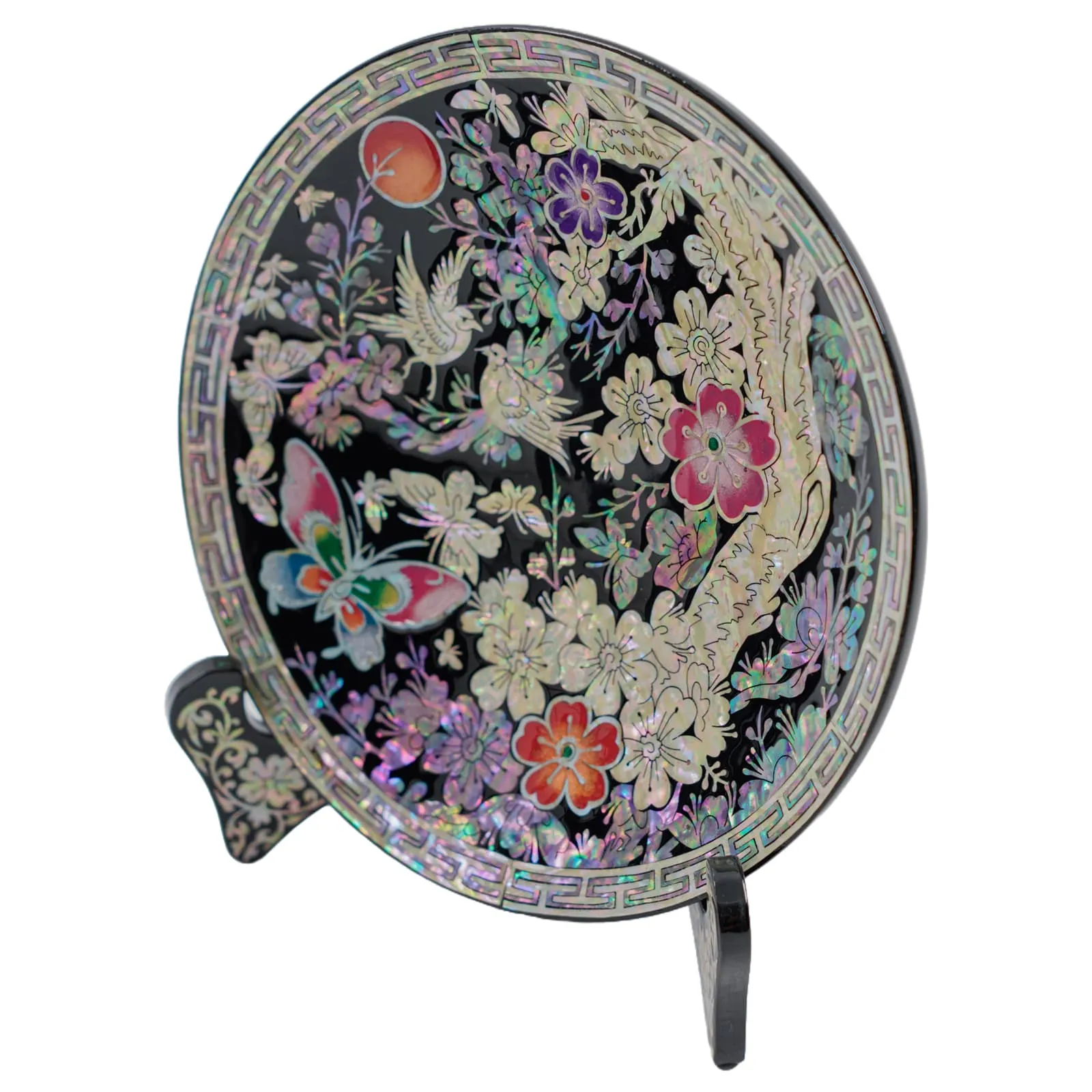 Korean Mother-of-Pearl Inlay Decorative Plate - Floral and Bird Design