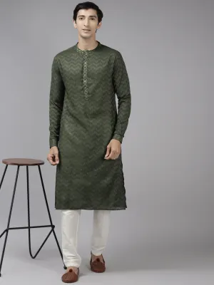 Men Green & Beige Woven Design Thread Work Kurta With Pyjama