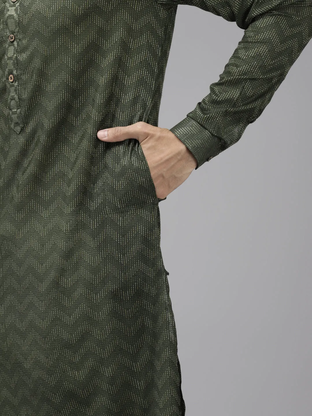 Men Green & Beige Woven Design Thread Work Kurta With Pyjama