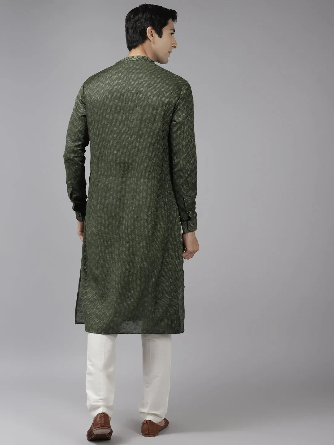 Men Green & Beige Woven Design Thread Work Kurta With Pyjama