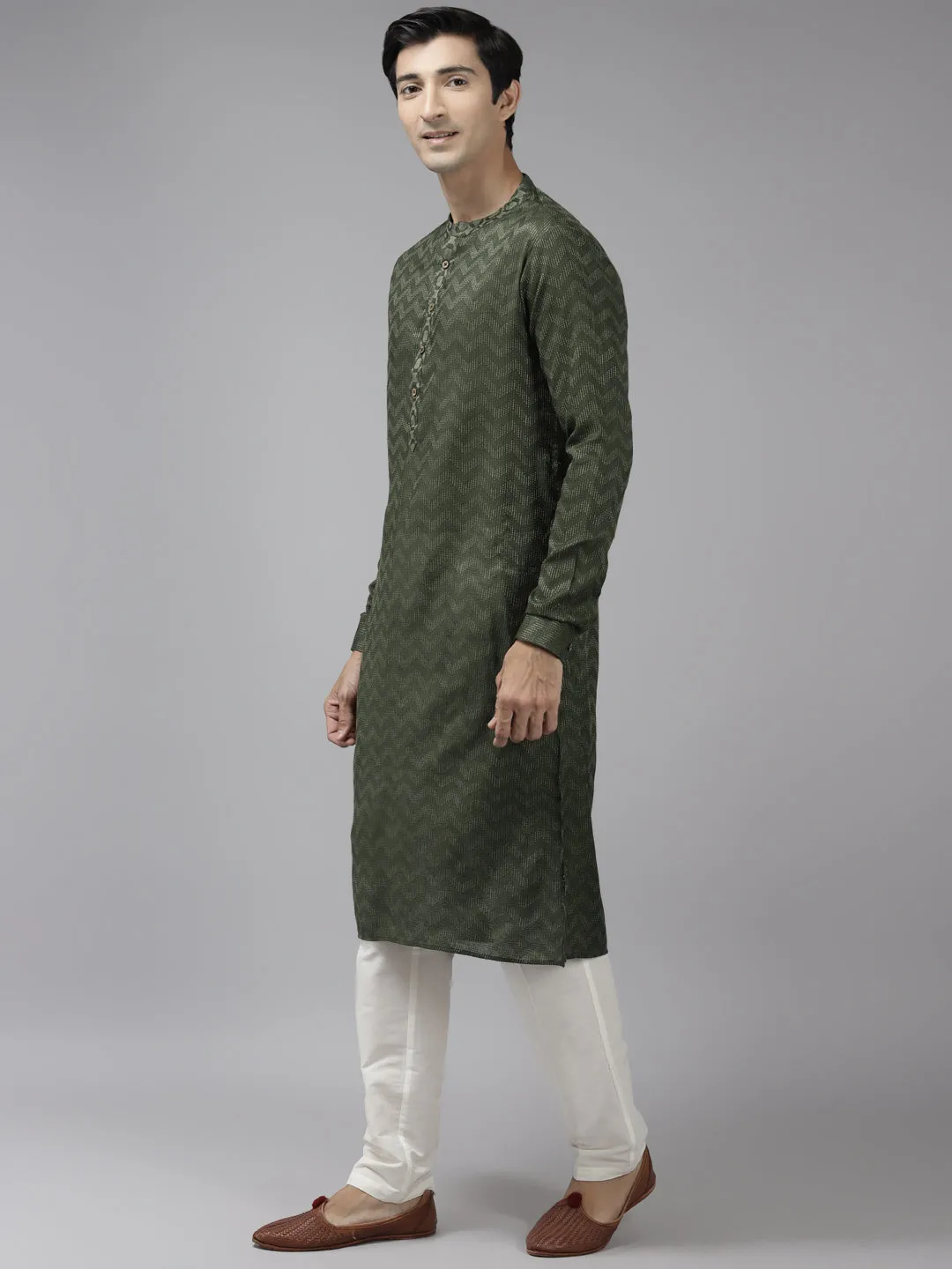 Men Green & Beige Woven Design Thread Work Kurta