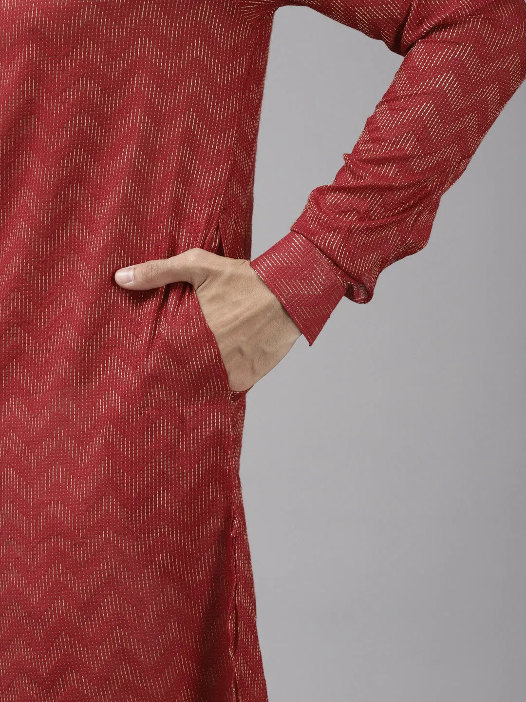 Men Maroon & Beige Woven Design Thread Work Kurta