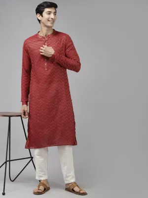 Men Maroon & Beige Woven Design Thread Work Kurta