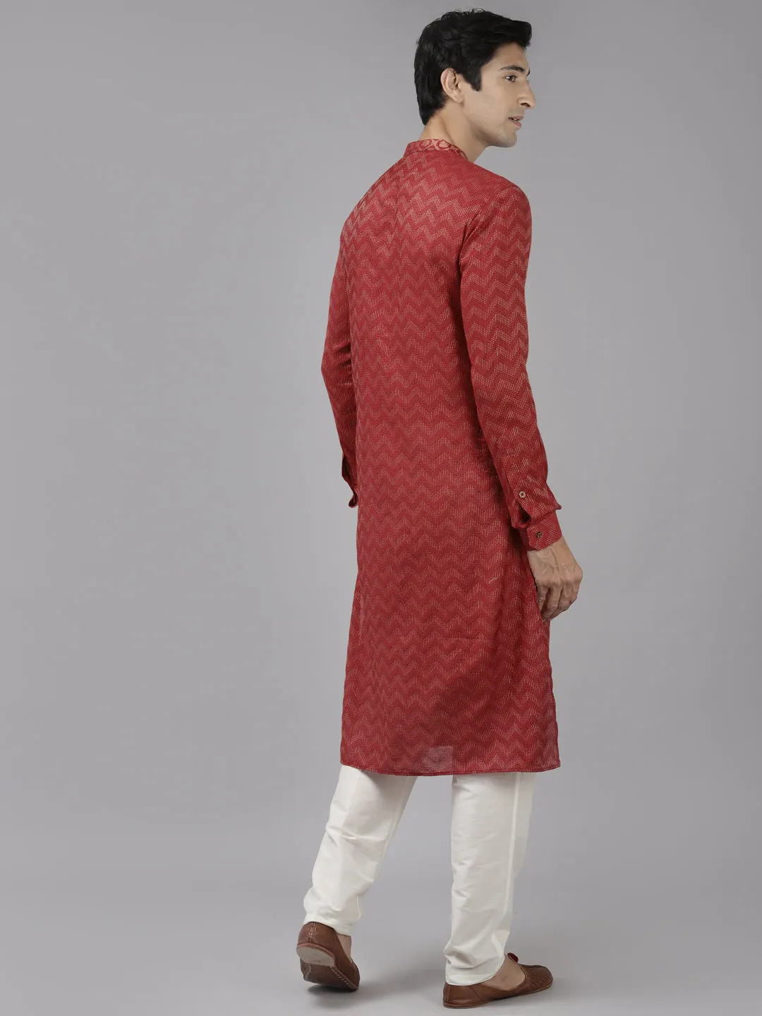 Men Maroon & Beige Woven Design Thread Work Kurta