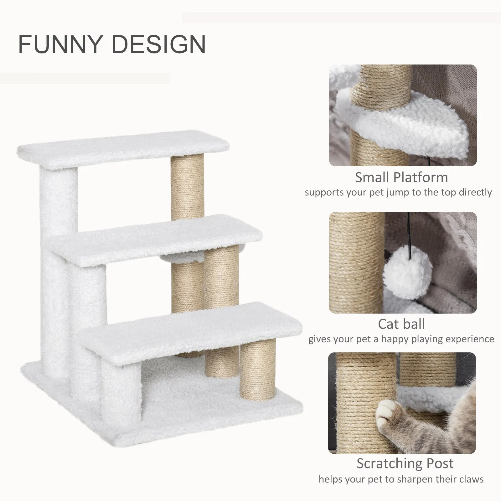 Pet Stair with 3-step Climb Ladder, Scratching Posts, White