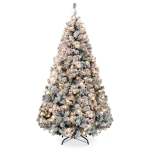 Pre-Lit Snow Flocked Artificial Pine Christmas Tree w/ Warm White Lights