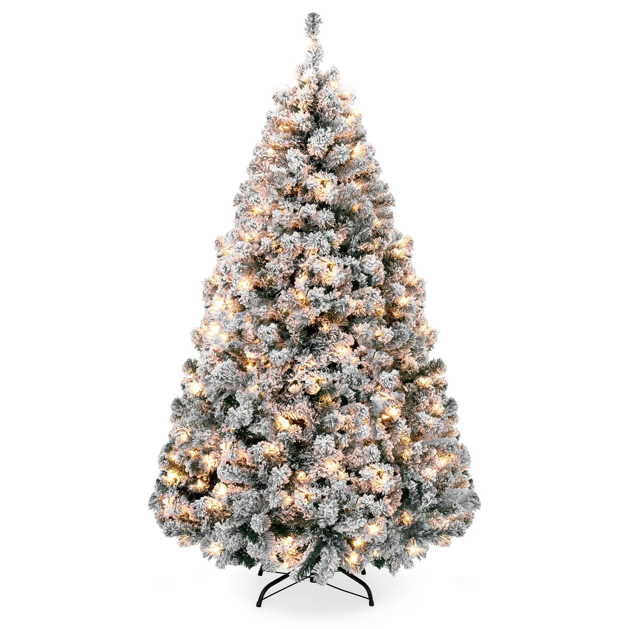 Pre-Lit Snow Flocked Artificial Pine Christmas Tree w/ Warm White Lights