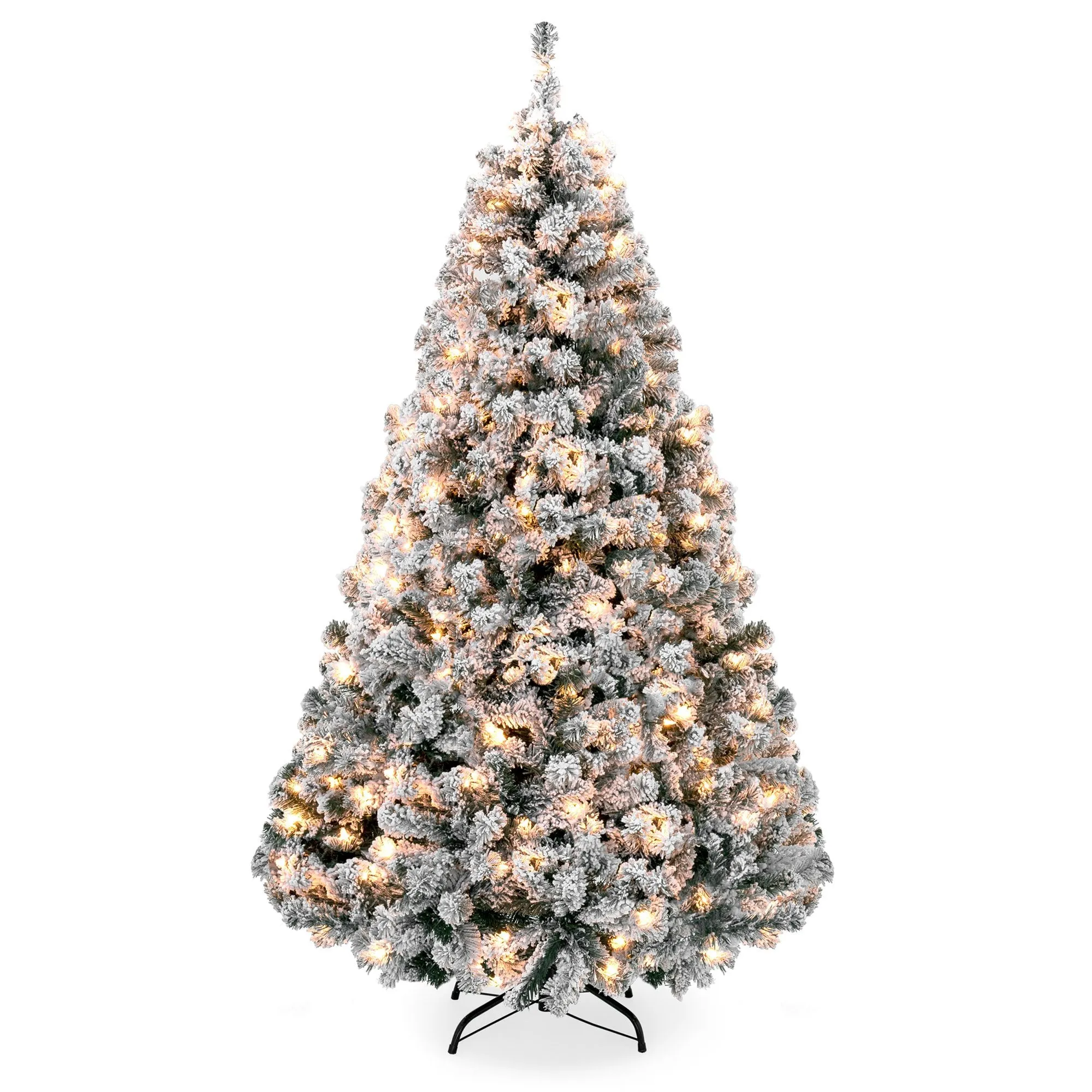 Pre-Lit Snow Flocked Artificial Pine Christmas Tree w/ Warm White Lights