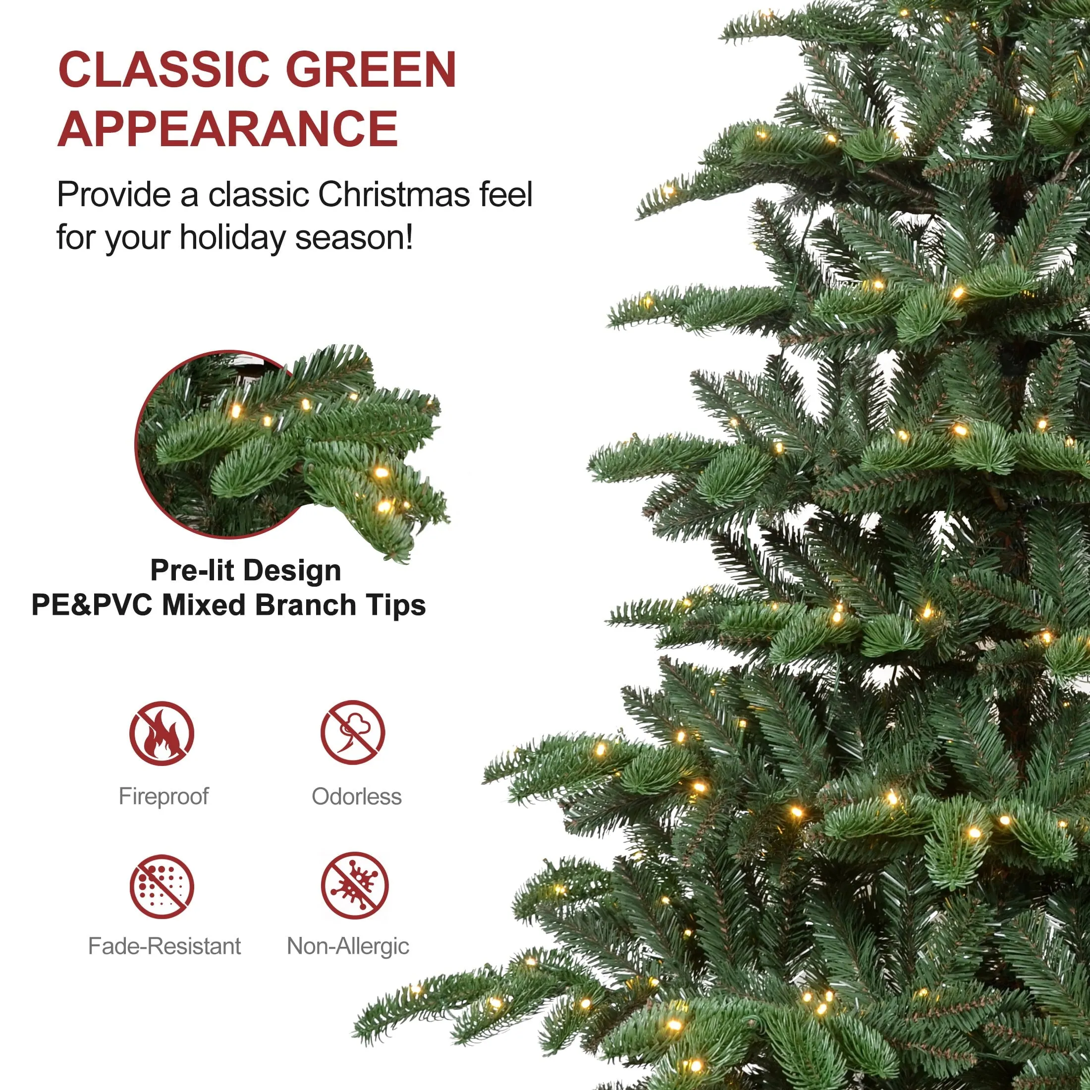 premium Wooden Stand Christmas Tree Prelit 8ft, Bringstar Xmas Tree 1307 PE&PVC Branch Tips, 500 Lights 7 ft