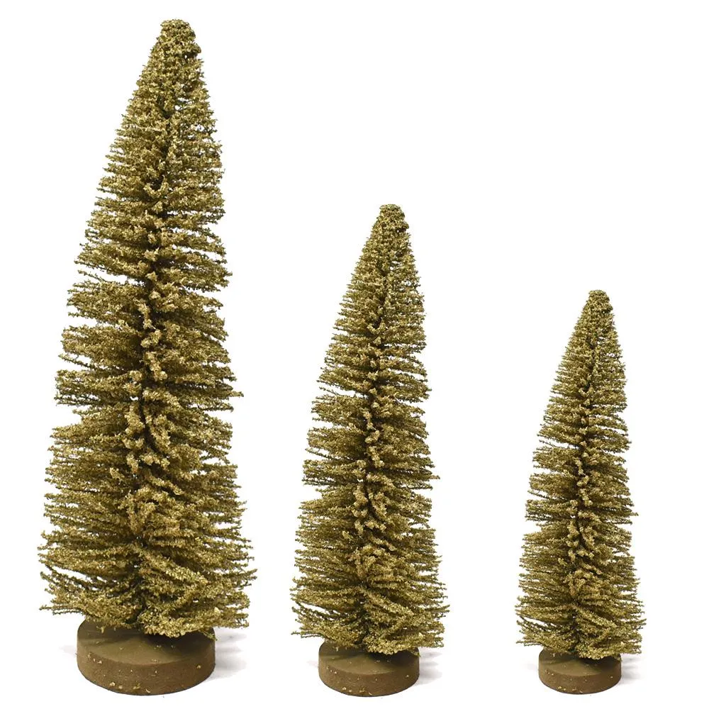 Shimmering Bottle Brush Christmas Tree on Wood Base Decoration, Gold