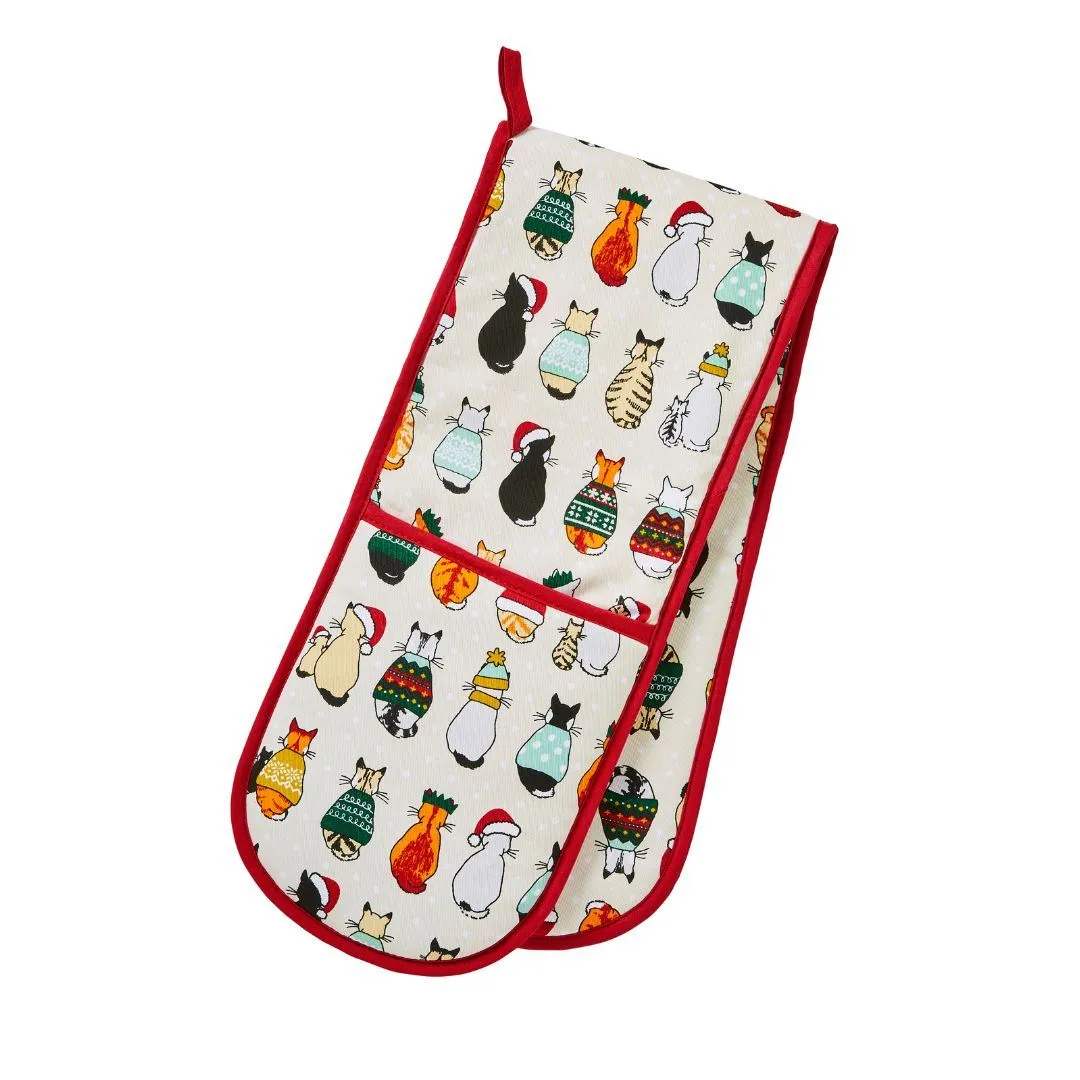 Ulster Weavers Recycled Double Oven Glove - ChrIstmas Cats in Waiting (Red)